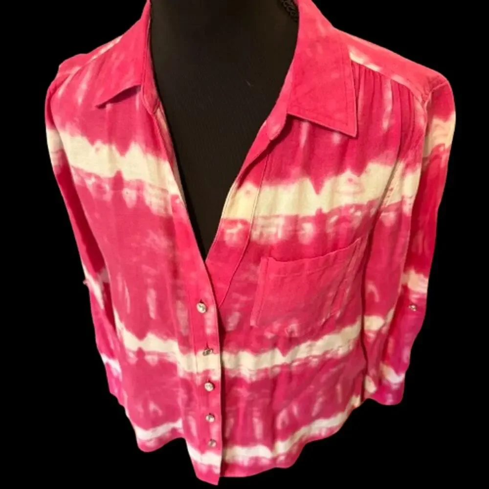 INC International Concepts Hot Pink Tie Dye Button Down Top - Picture 3 of 7